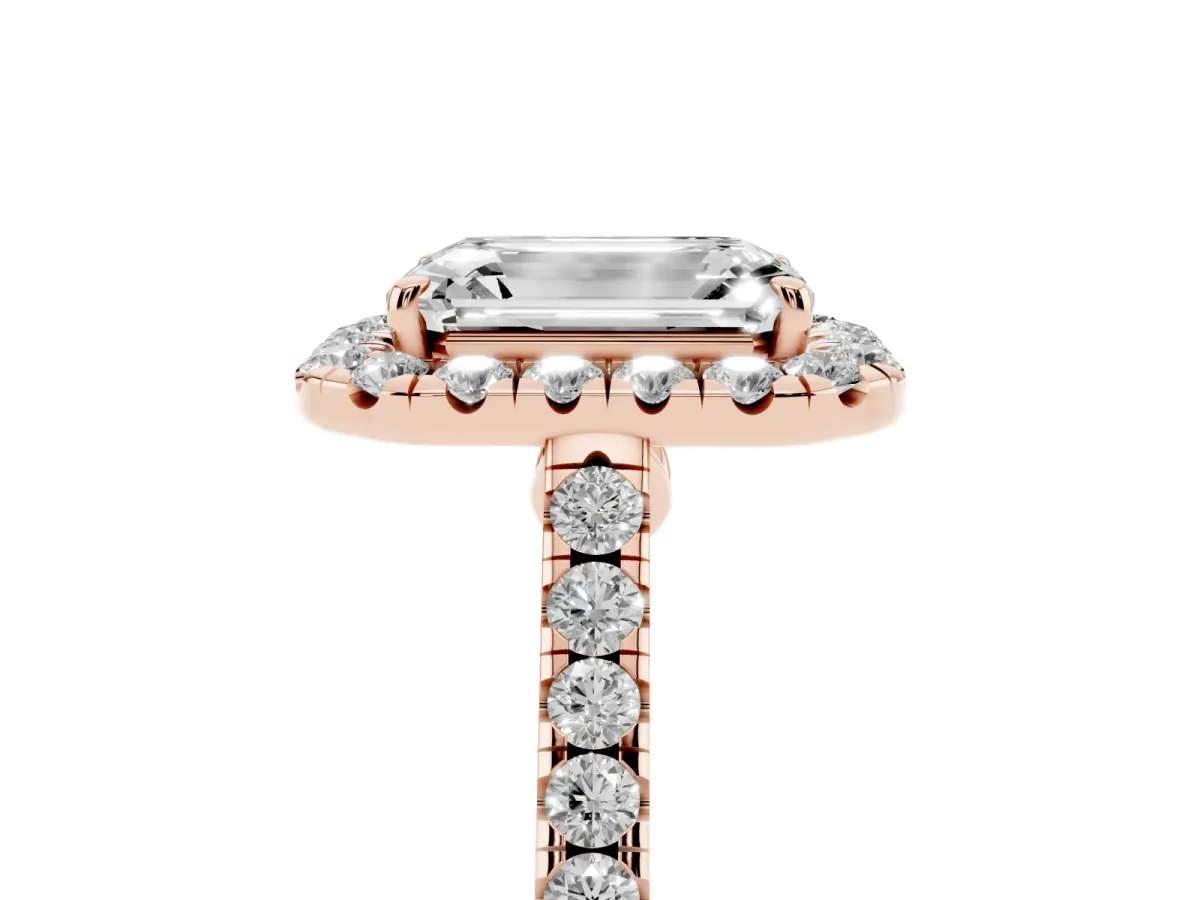 Emerald Cut Halo Pave Diamond Engagement Ring with Four-Prong Setting Rose gold