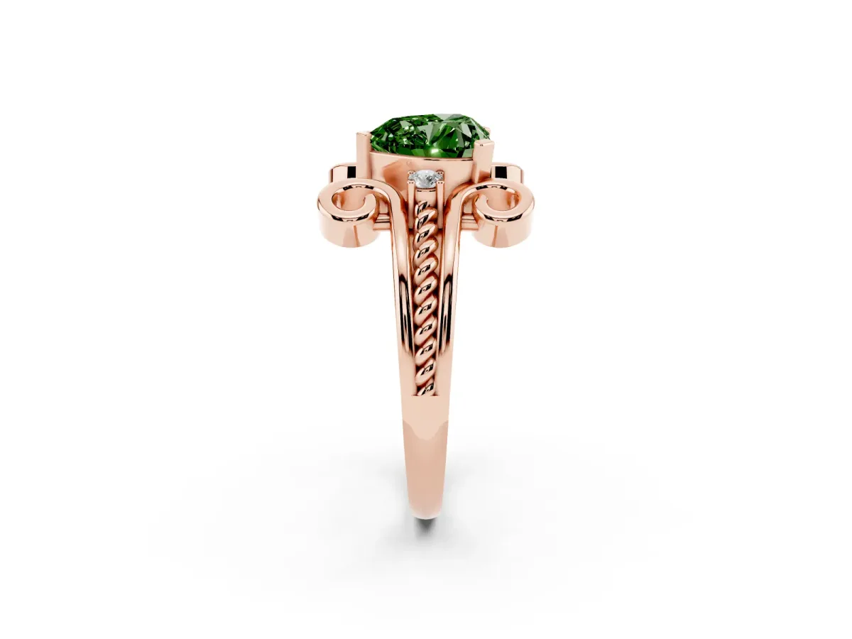 Fancy Green Heart Cut Solitaire Twisted Band Scroll Prong Ring Rose gold