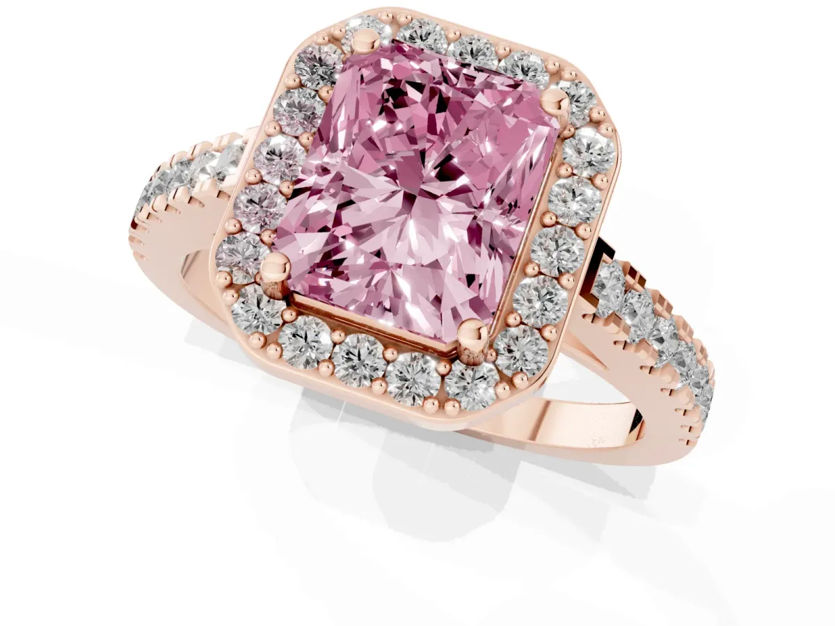 Fancy Pink Radiant Cut Diamond Halo Ring with Round Pavé Split Shank and Prong Setting Rose gold