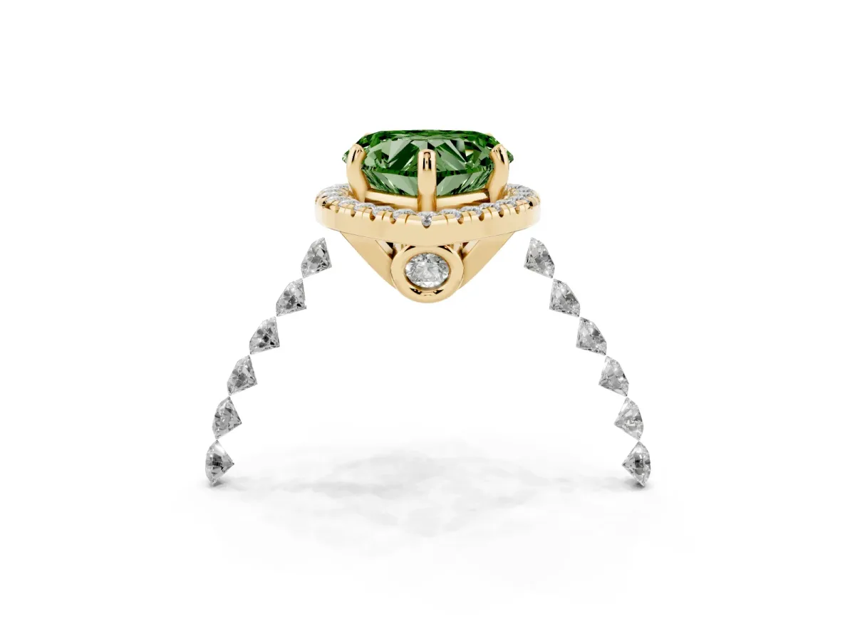 Fancy Green Heart Cut Halo Pavé Diamond Engagement Ring with Four-Prong Setting Yellow gold
