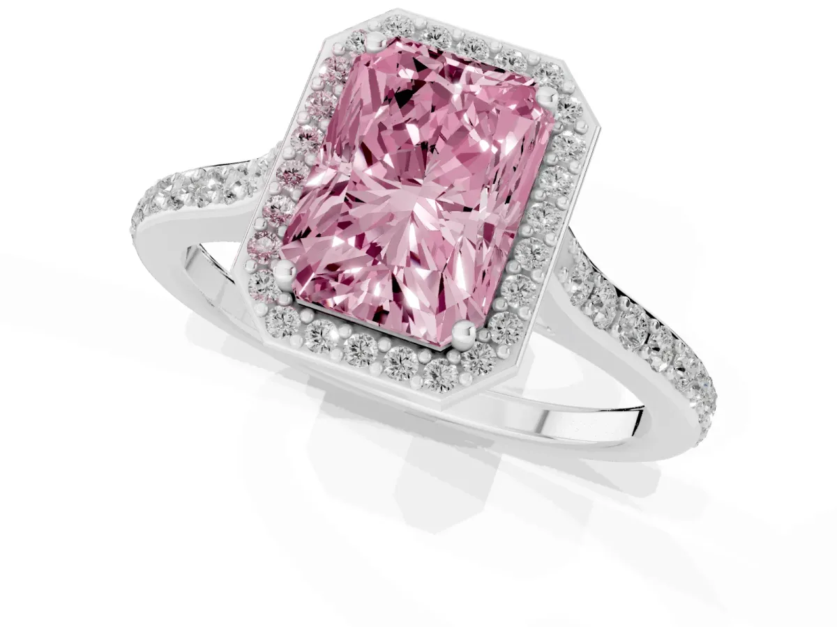 Fancy Pink Radiant Cut Diamond Halo Engagement Ring with Round Pavé Shoulders and Prong Setting Platinum