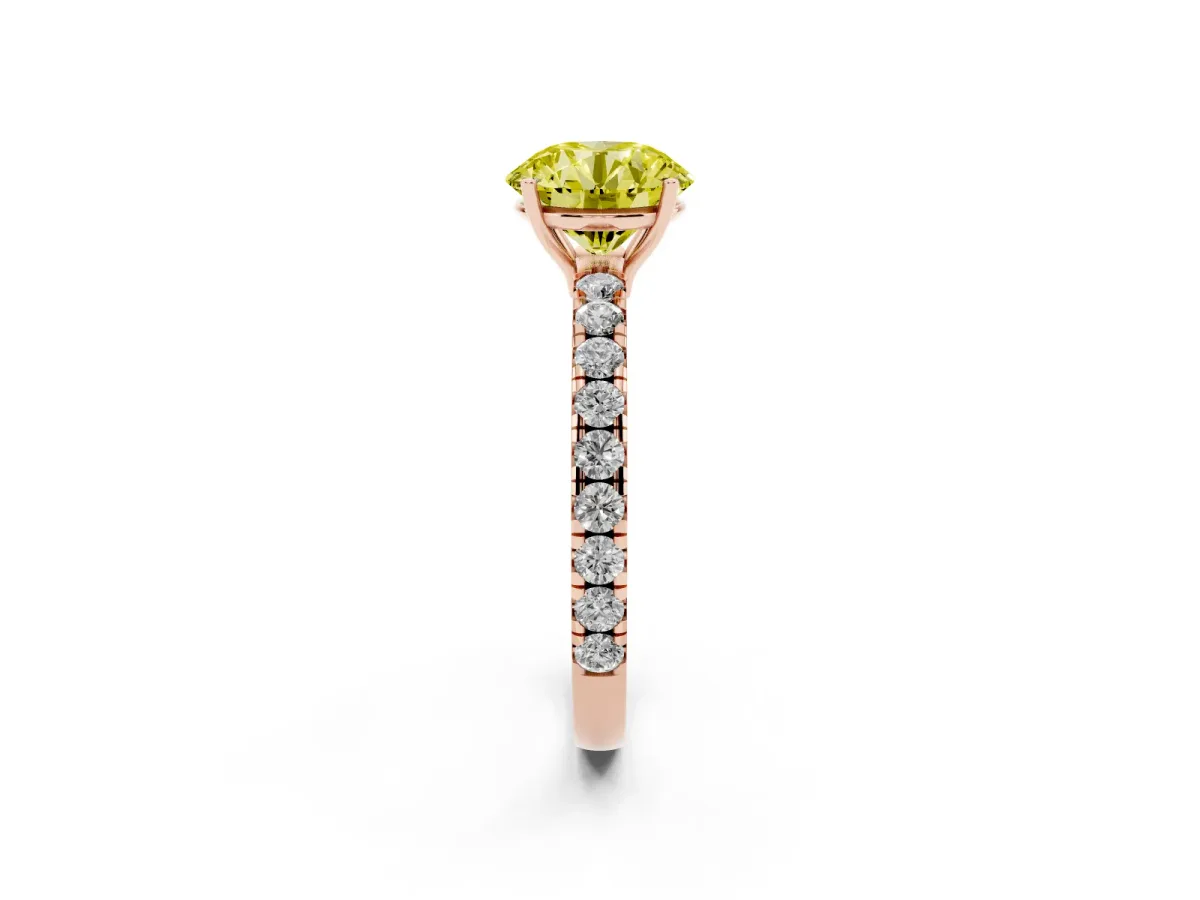 Fancy Yellow Round Cut Diamond Pavé Solitaire Engagement Ring with Four-Prong Setting Rose gold
