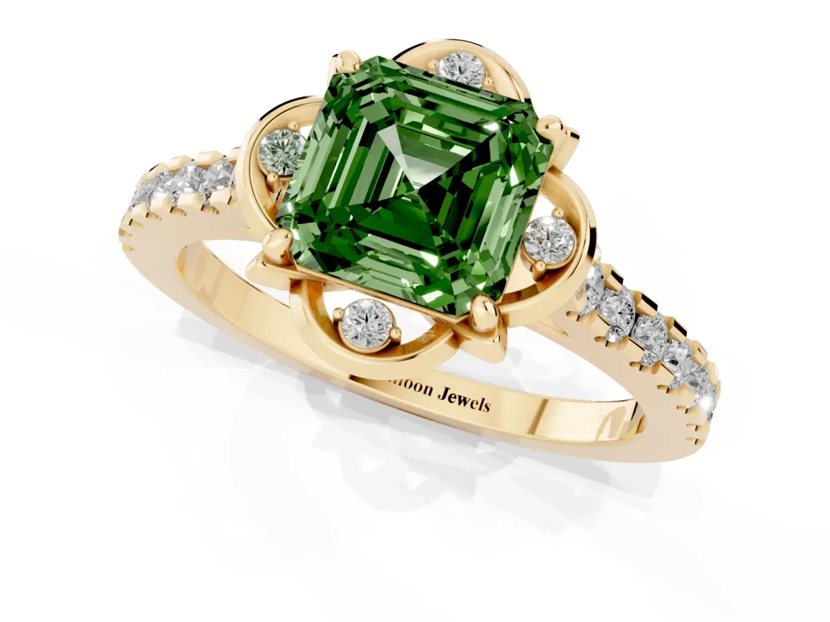 Fancy Green Asscher Cut Diamond Ring with Pavé Band and Floral Prong Setting Yellow gold