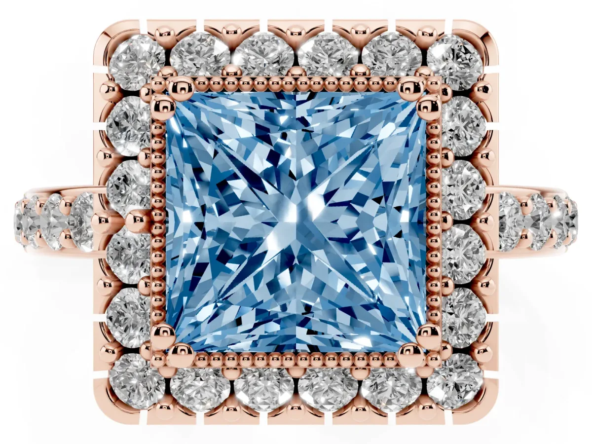Fancy Blue Princess Cut Diamond Halo Ring with Pavé Band and Prong Setting Rose gold