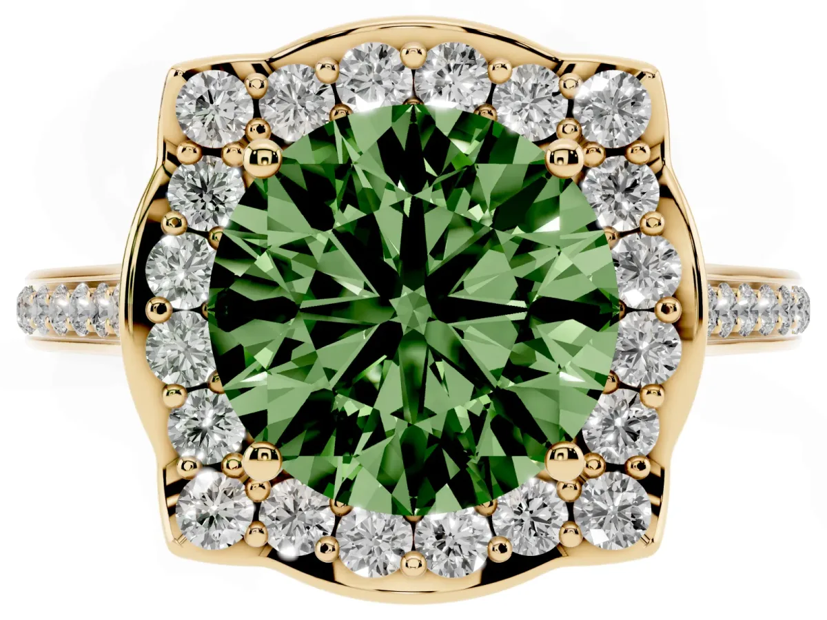 Fancy Green Round Cut Halo Round Diamond Pave Band with Four-Prong Setting Yellow gold