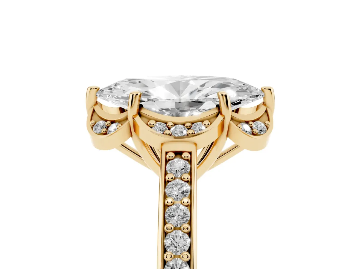 Marquise Cut Cut Halo Diamond Ring with Channel Set Band and Four-Prong Setting Yellow gold