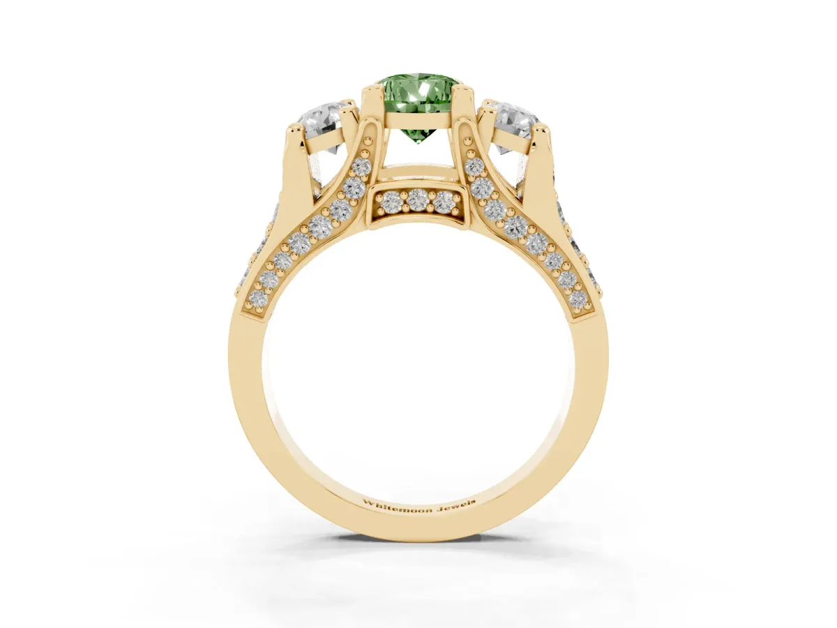 Fancy Green Pear Cut Diamond Three-Stone Ring with Channel Set Band and Four-Prong Setting Yellow gold