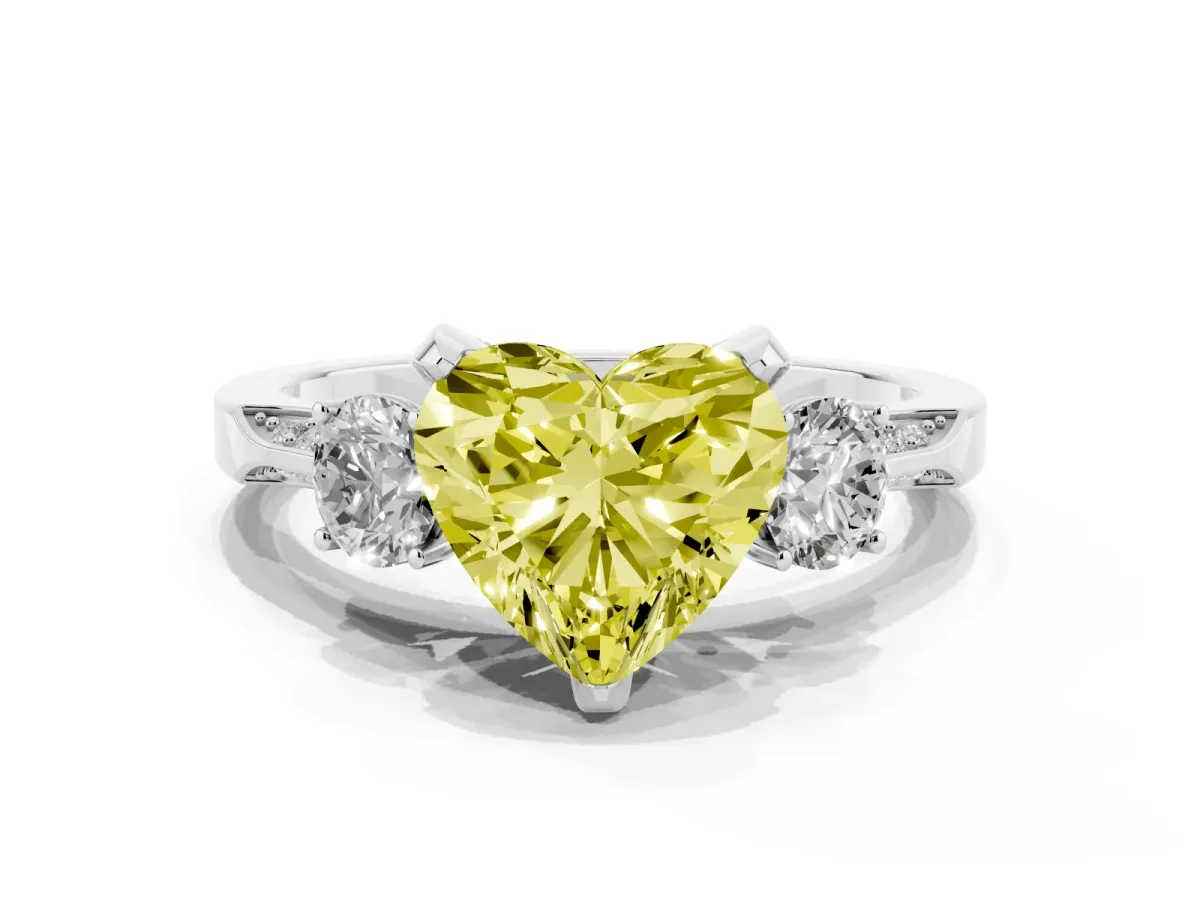 Fancy Yellow Heart Cut Brilliant Three-Stone Diamond Ring with Pavé Band and Four-Prong Setting Silver