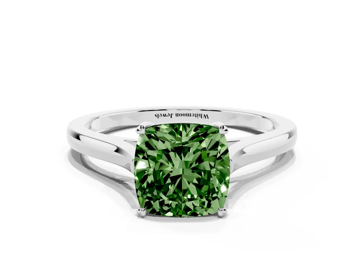 Fancy Green Cushion Cut Solitaire Heart Prong Engagement Ring with Tapered Band Platinum
