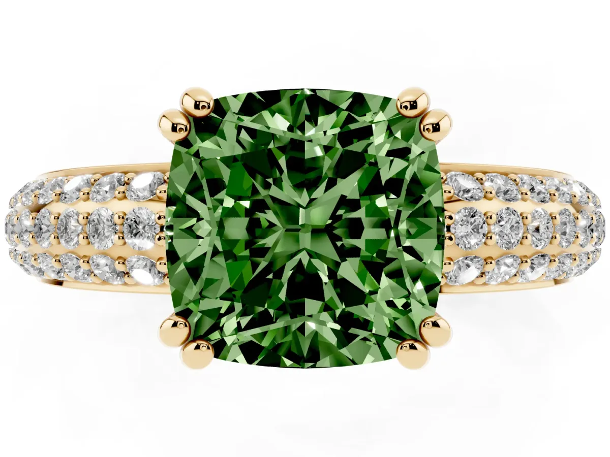 Fancy Green Cushion Cut Diamond Solitaire Ring with Multi-Row Round Pavé Band and Prong Setting Yellow gold