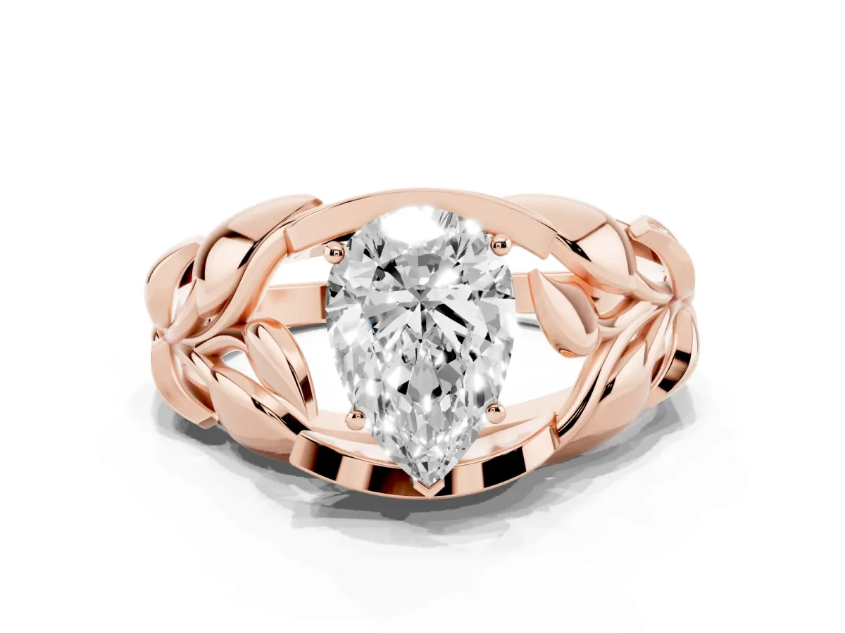 Pear Cut Diamond Leaf-Inspired Engagement Ring with Round Accents and Prong Setting Rose gold