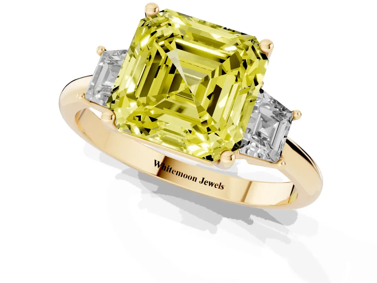 Fancy Yellow Asscher Cut Diamond Three-Stone Ring with Trapezoid Side Stones and Prong Setting Yellow gold