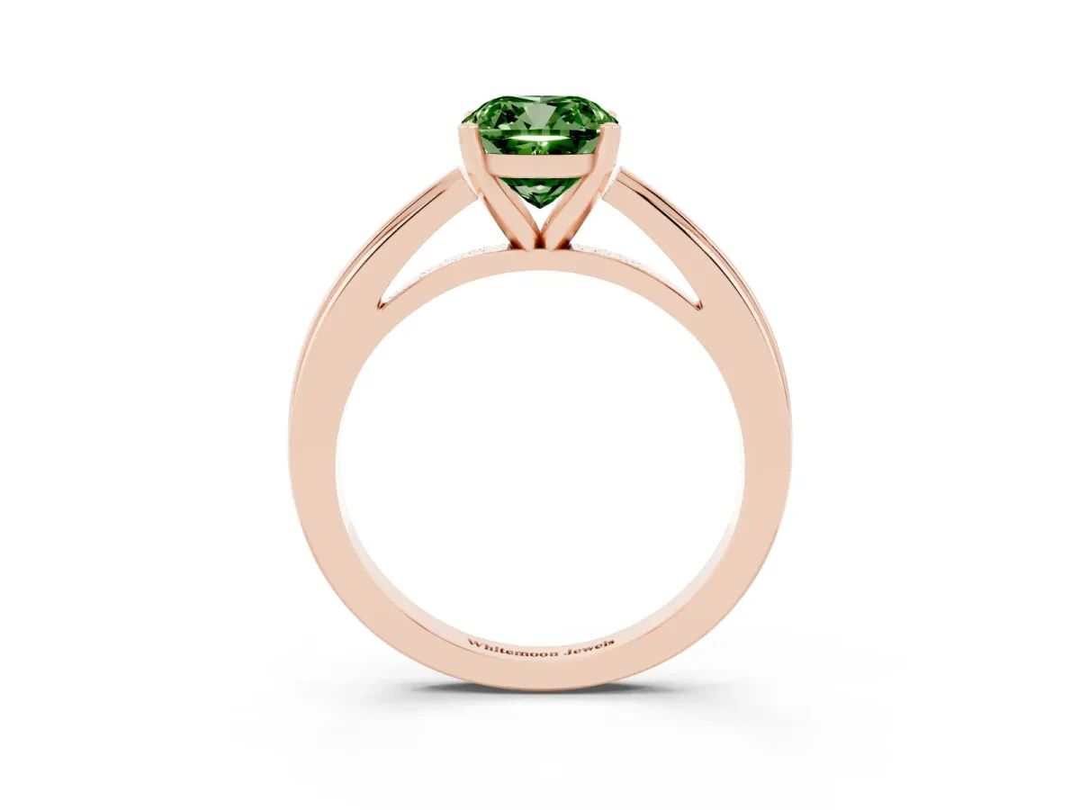 Fancy Green Cushion Cut Solitaire Diamond Ring with Four-Prong Setting and Classic Band Rose gold