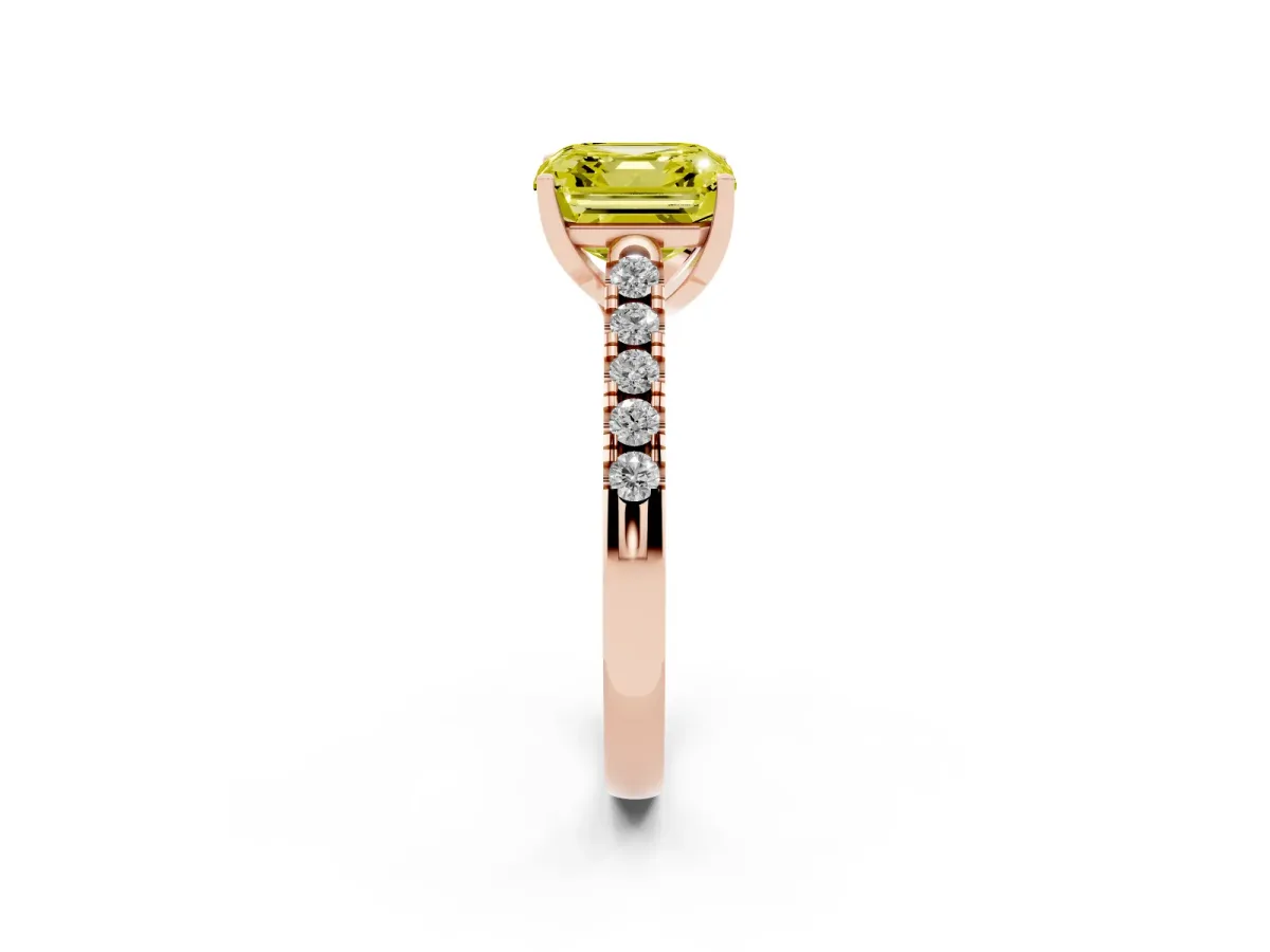 Fancy Yellow Asscher Cut Diamond Pavé Band Solitaire Ring with Prong Setting Rose gold