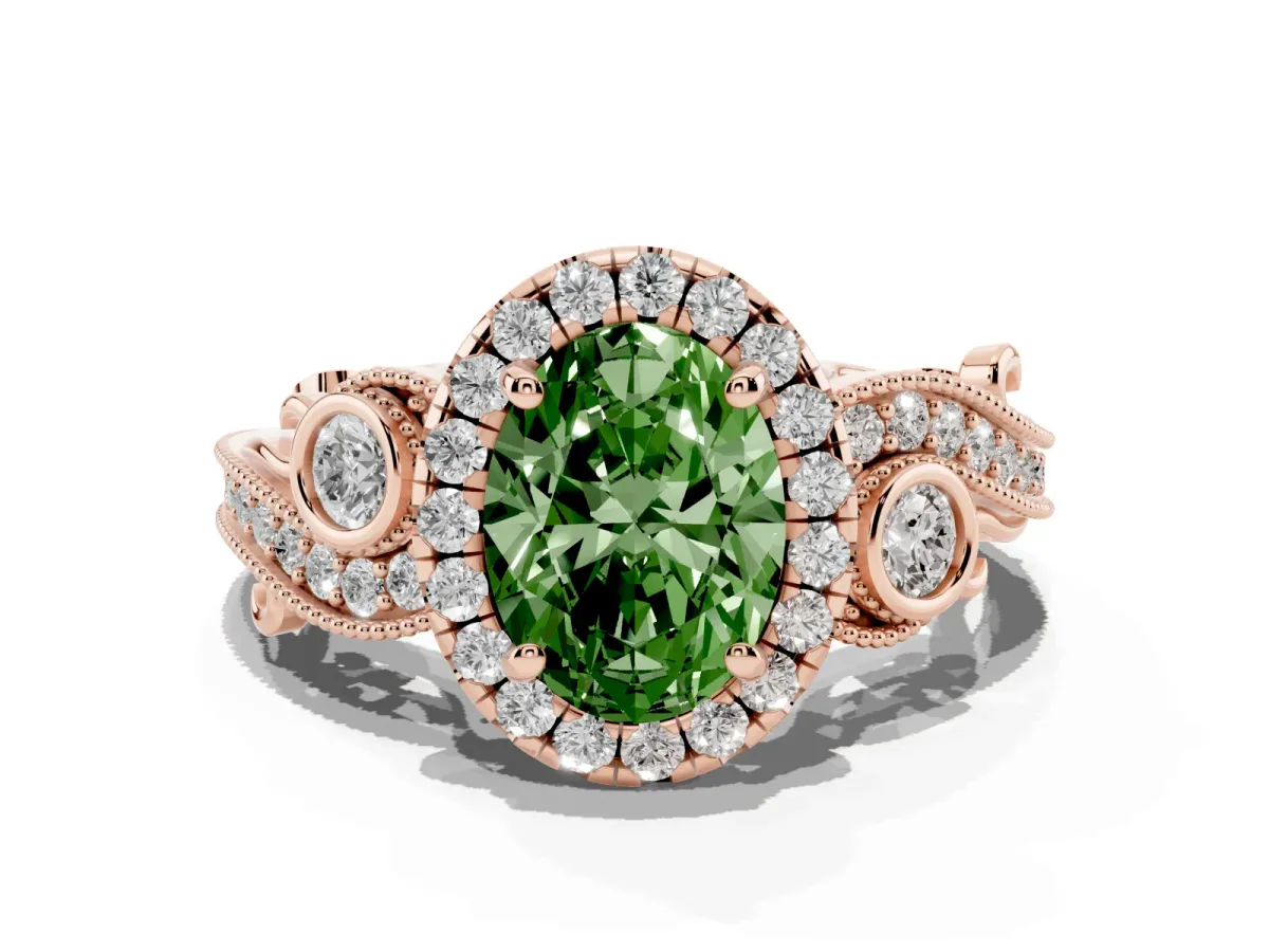 Fancy Green Oval Cut Diamond Halo Ring with Milgrain Pavé Band and Four-Prong Setting Rose gold