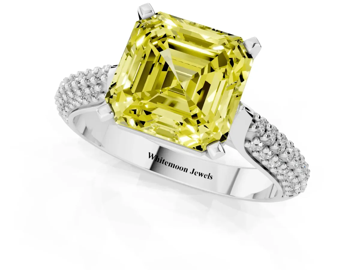 Fancy Yellow Asscher Cut Diamond Solitaire Engagement Ring with Multi-Row Round Pavé Band and Prong Setting White gold