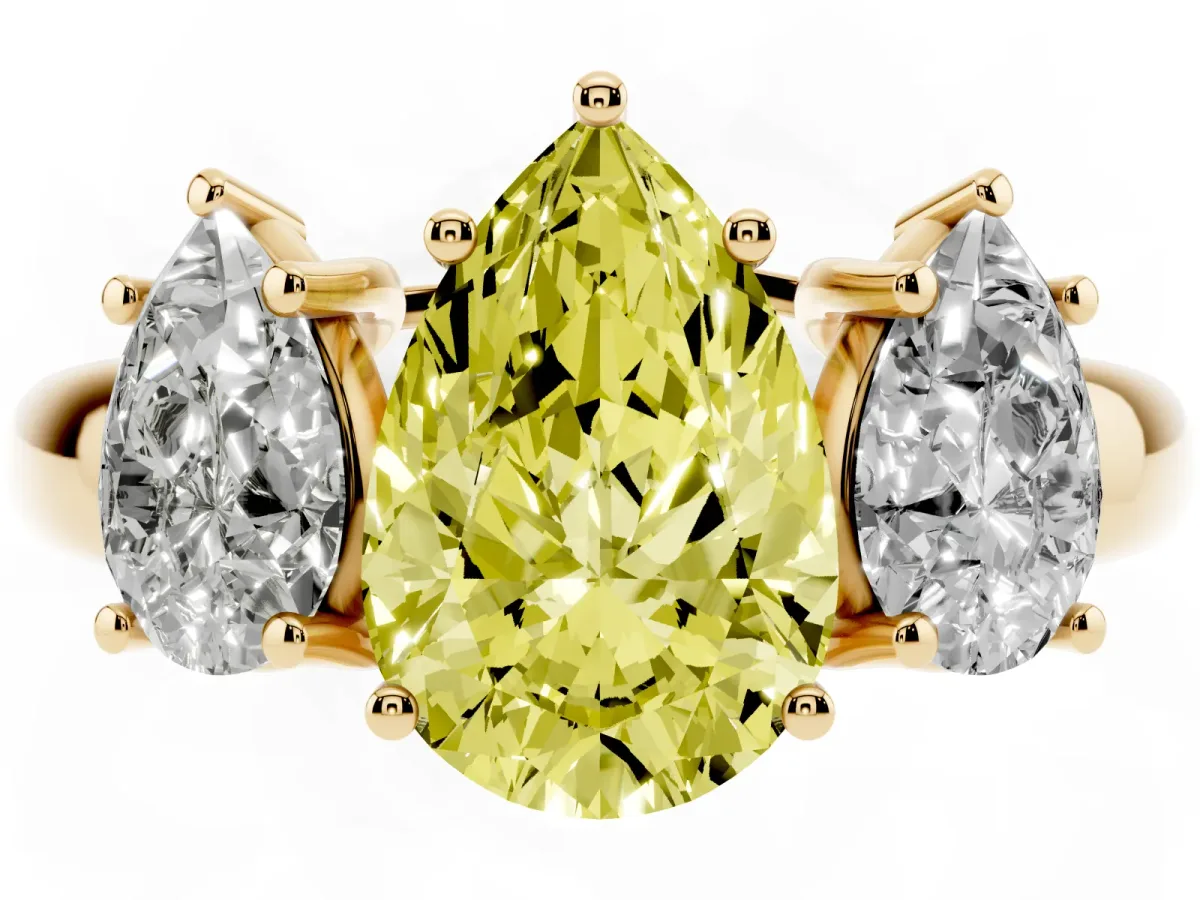 Fancy Yellow Three-Stone Pear Cut Diamond Engagement Ring with Prong Setting Yellow gold