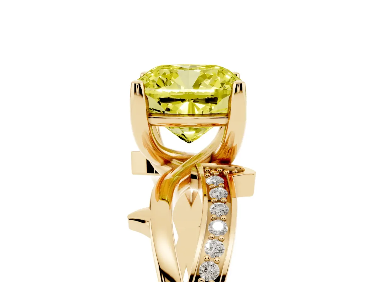 Fancy Yellow Cushion Cut Solitaire Twist Band with Pavé Accents and Four-Prong Setting Yellow gold