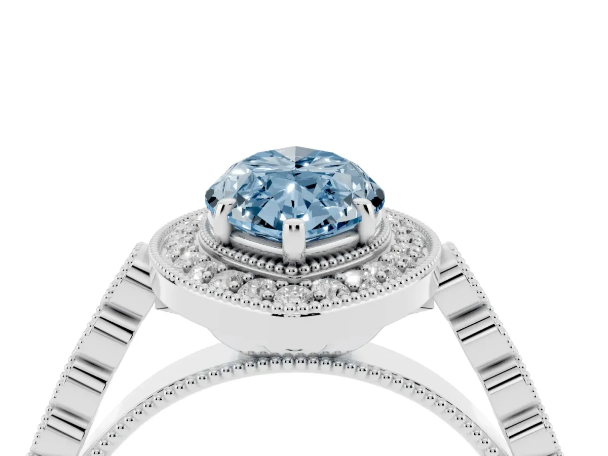 Fancy Blue Marquise Cut Halo Milgrain Solitaire with Bezel Set Side Stones and Pave Band Silver