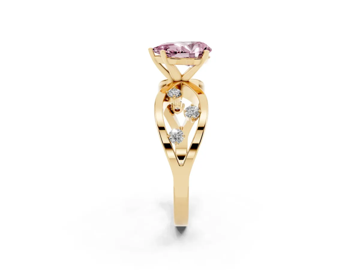 Fancy Pink Pear Cut Cut Solitaire Diamond with Side Stones on Criss-Cross Band and Four-Prong Setting Yellow gold