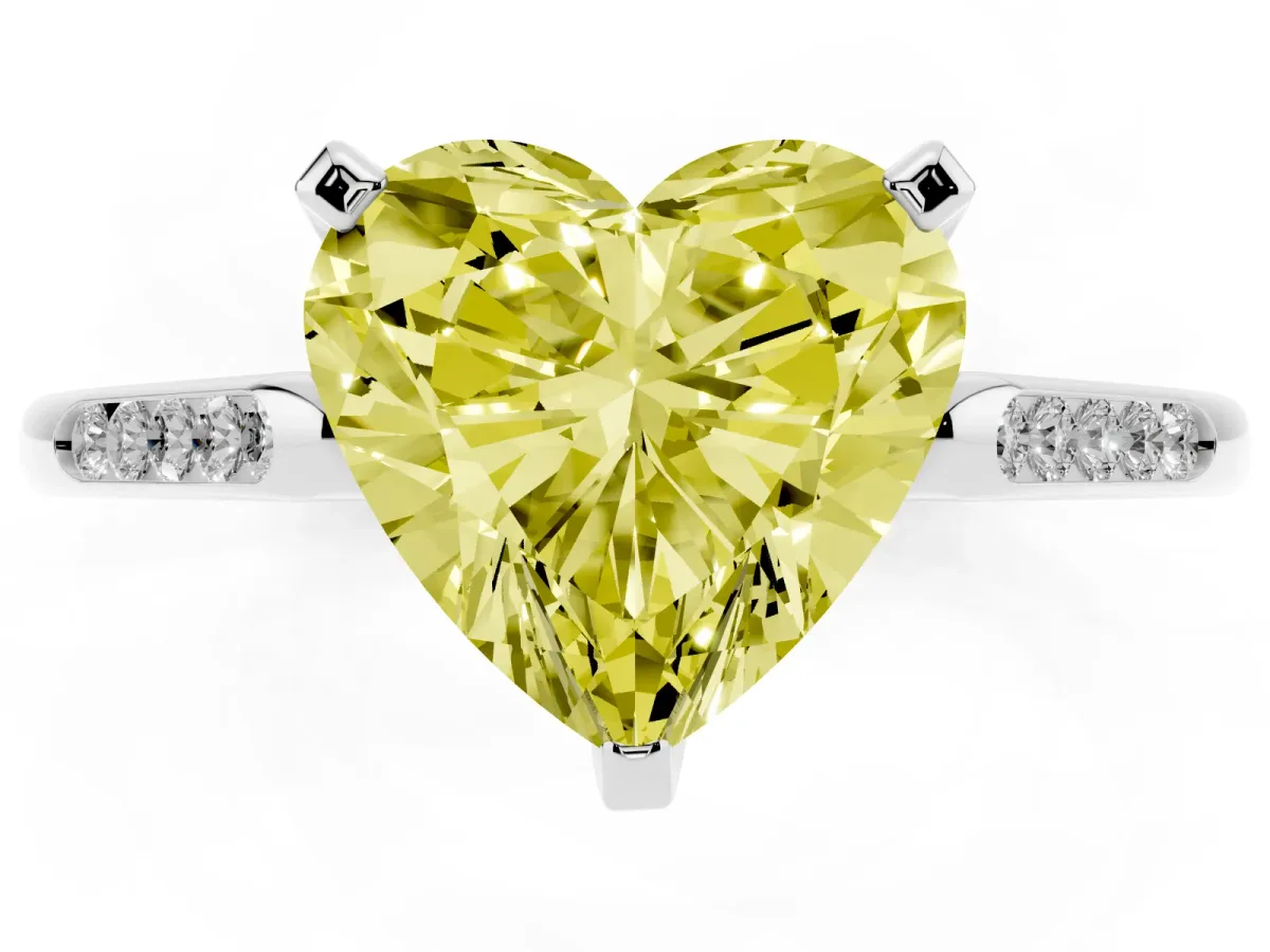 Fancy Yellow Heart Cut Diamond Solitaire Ring with Channel Set Round Band and Prong Setting Silver