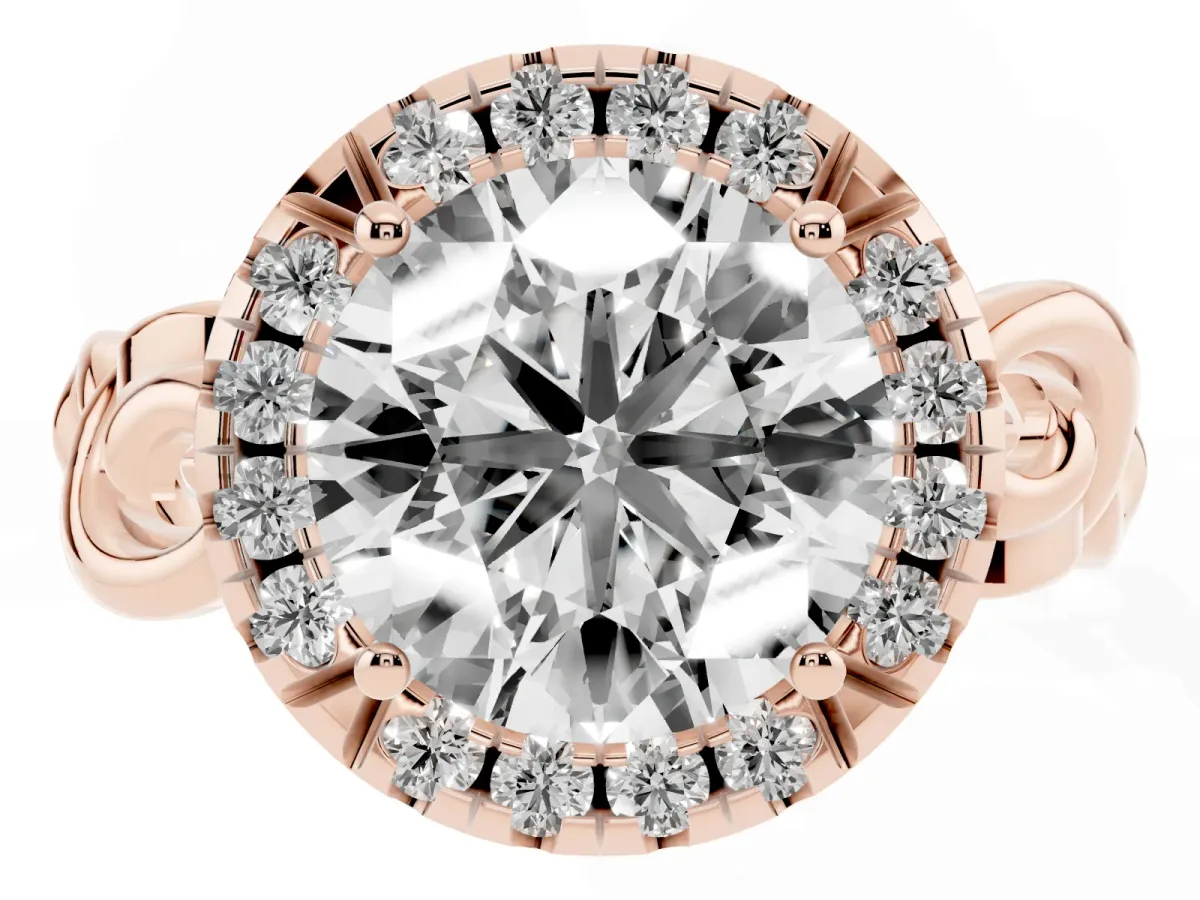 Round Cut Cut Halo Diamond Ring with Scrollwork Band and Four-Prong Setting Rose gold