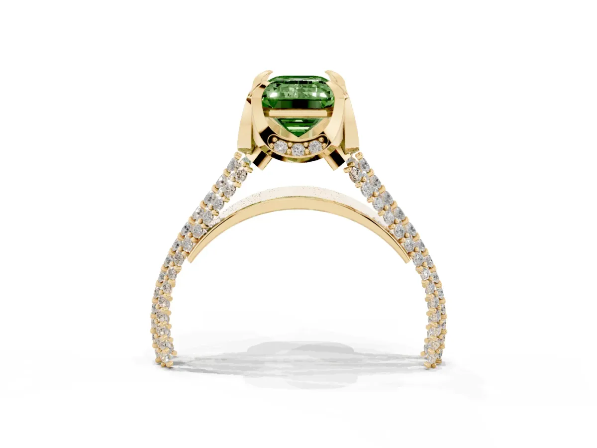 Fancy Green Emerald Cut Solitaire Pave Split Shank Ring with Four-Prong Setting Yellow gold