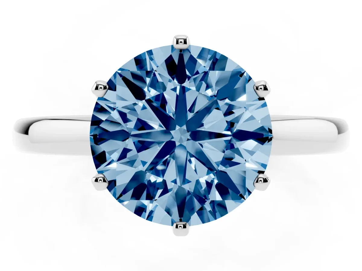 Fancy Blue Round Cut Solitaire Diamond Ring with Six-Prong Setting on a Classic Band Silver