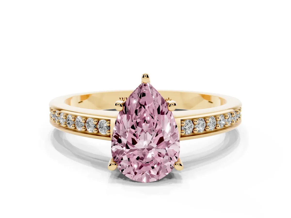 Fancy Pink Pear Cut Solitaire Pavé Band Prong Setting Ring Yellow gold