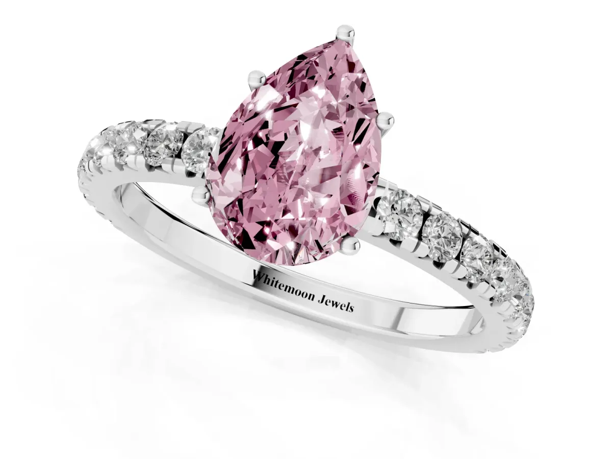 Fancy Pink Pear Cut Diamond Pavé Solitaire Engagement Ring with Four-Prong Setting Platinum