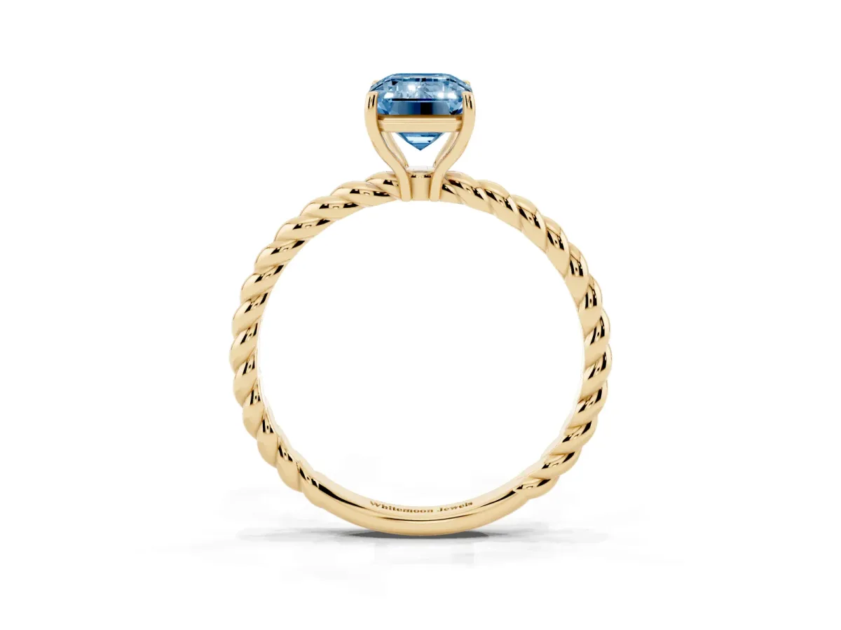 Fancy Blue Emerald Cut Solitaire Twisted Band 4-Prong Ring Yellow gold
