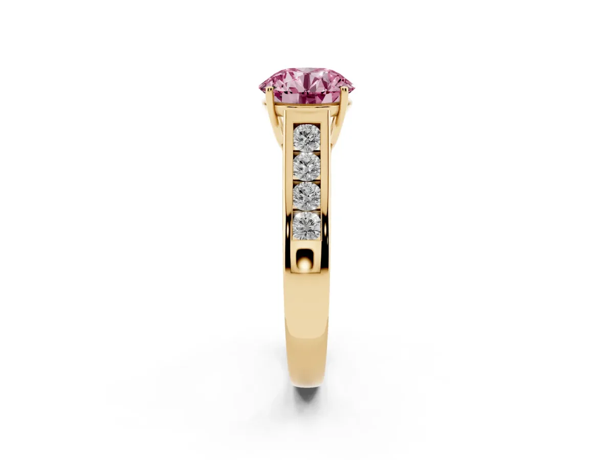 Fancy Pink Round Cut Brilliant Channel-Set Solitaire Ring with Four-Prong Setting Yellow gold