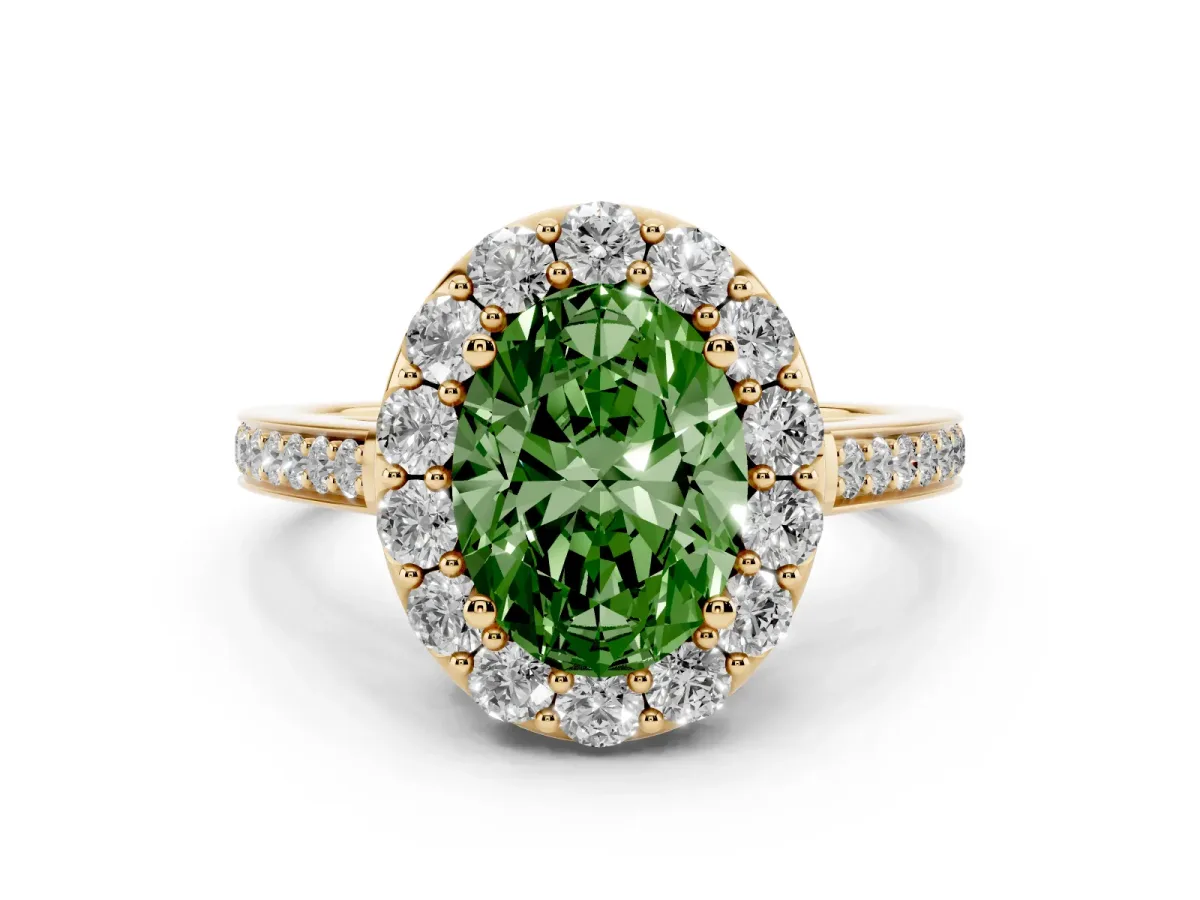 Fancy Green Oval Cut Diamond Floral Halo Ring with Pavé Band and Prong Setting Yellow gold