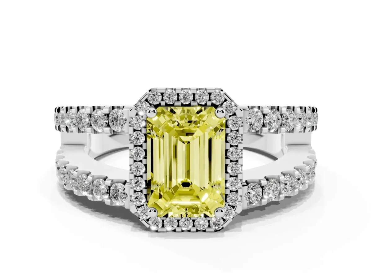 Fancy Yellow Emerald Cut Cut Halo Split Shank Diamond Ring with Four-Prong Setting Silver