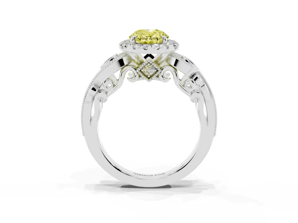 Fancy Yellow Oval Cut Diamond Halo Ring with Milgrain Pavé Band and Four-Prong Setting Silver