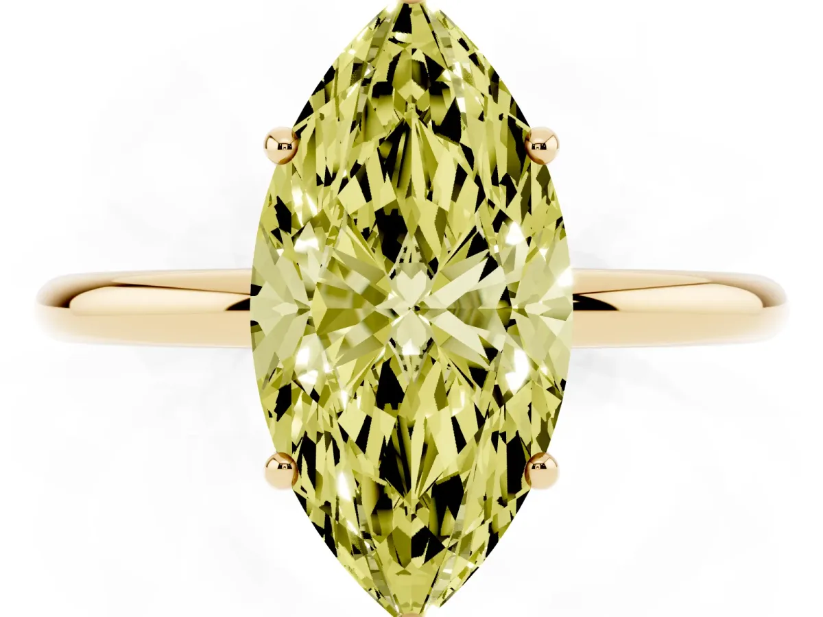Fancy Yellow Marquise Cut Solitaire Diamond Ring with a Classic Band and Four-Prong Setting Yellow gold