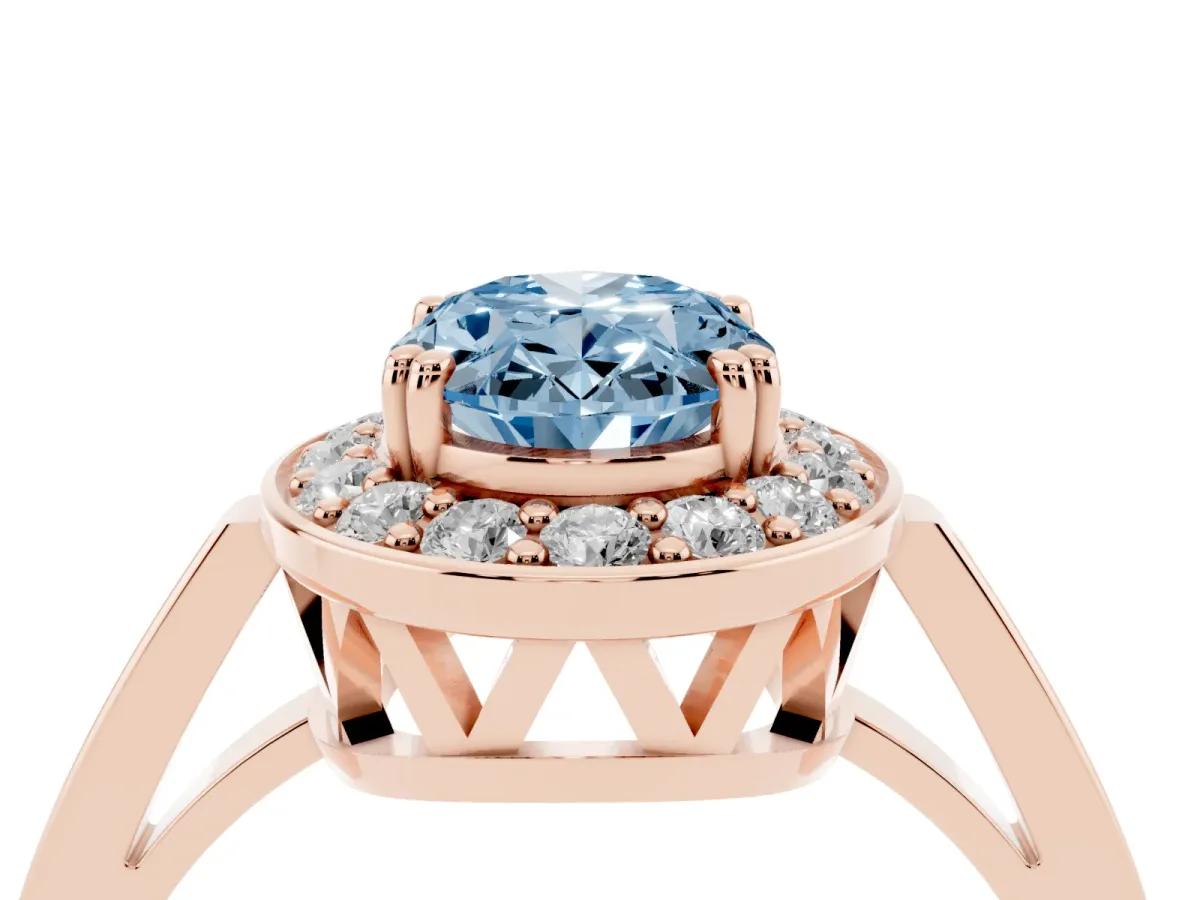 Fancy Blue Oval Cut Diamond Halo Ring with Split Shank and Four-Prong Setting Rose gold