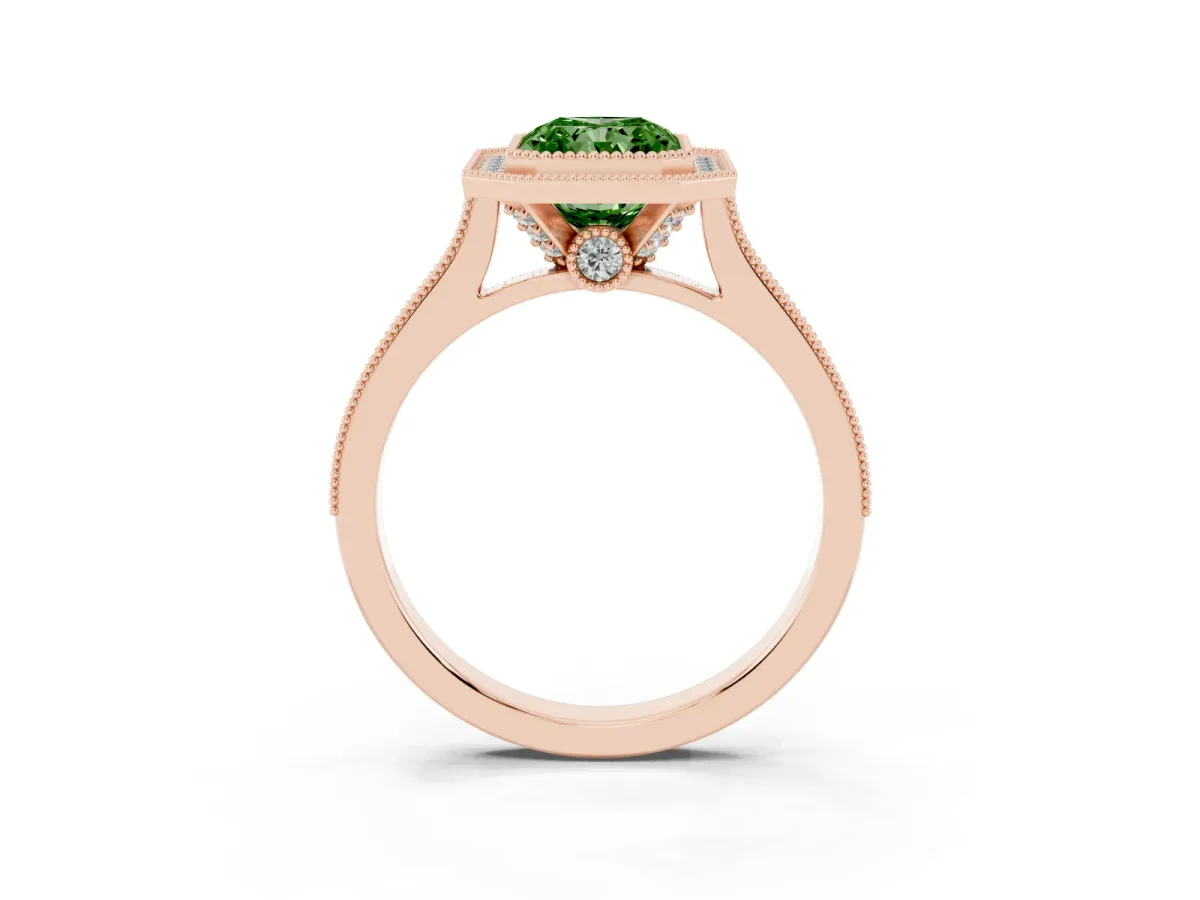 Fancy Green Halo Radiant Cut-Cut Diamond Pave Band Milgrain Prong Setting Ring Rose gold