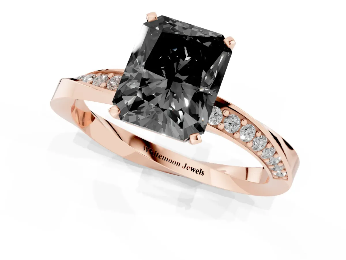 Fancy Black Radiant Cut Diamond Engagement Ring with Side Stone Accents and Four-Prong Setting Rose gold