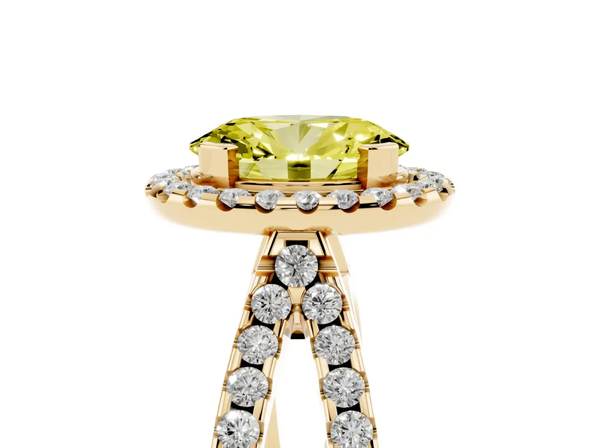 Fancy Yellow Oval Cut Diamond Halo Ring with Split Shank Pavé Band and Prong Setting Yellow gold