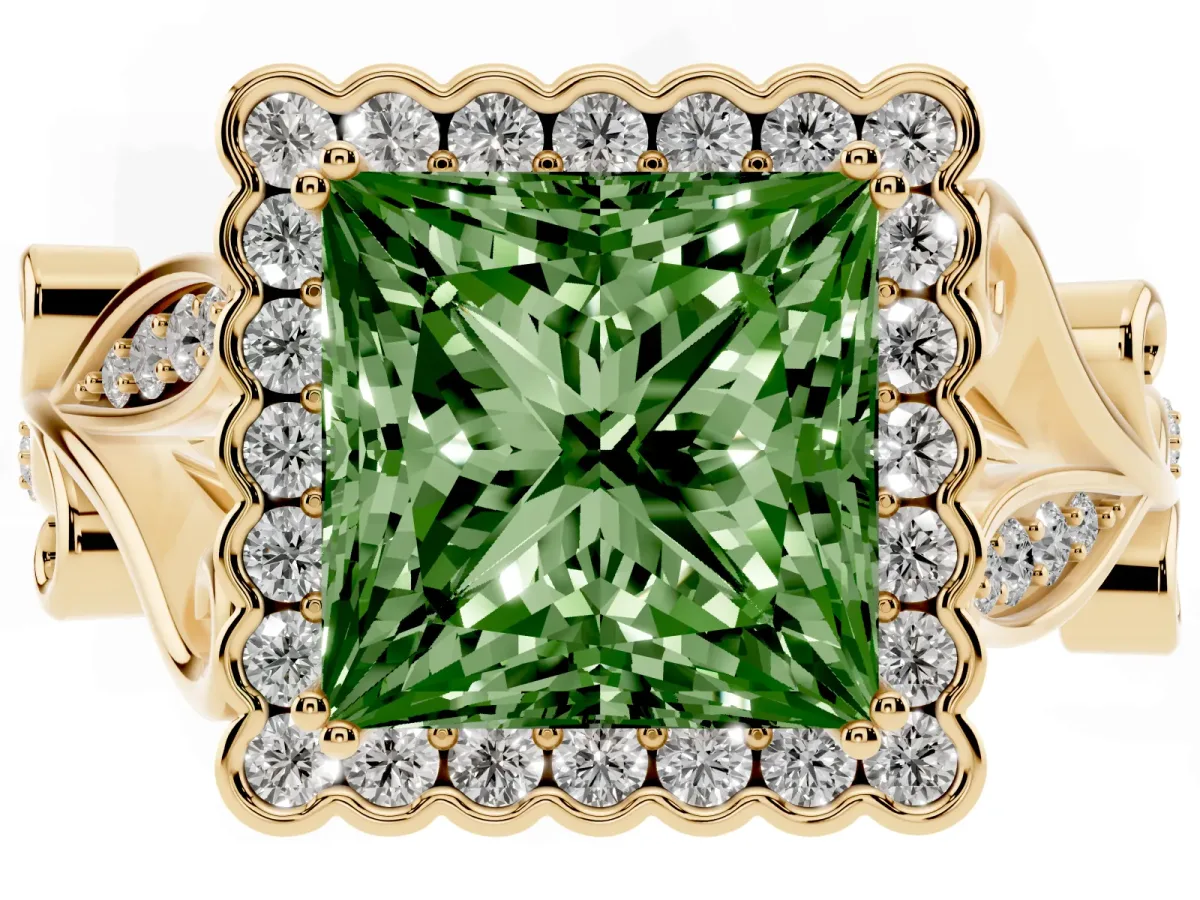 Fancy Green Princess Cut Diamond Halo Ring with Vintage Split Shank and Four-Prong Setting Yellow gold