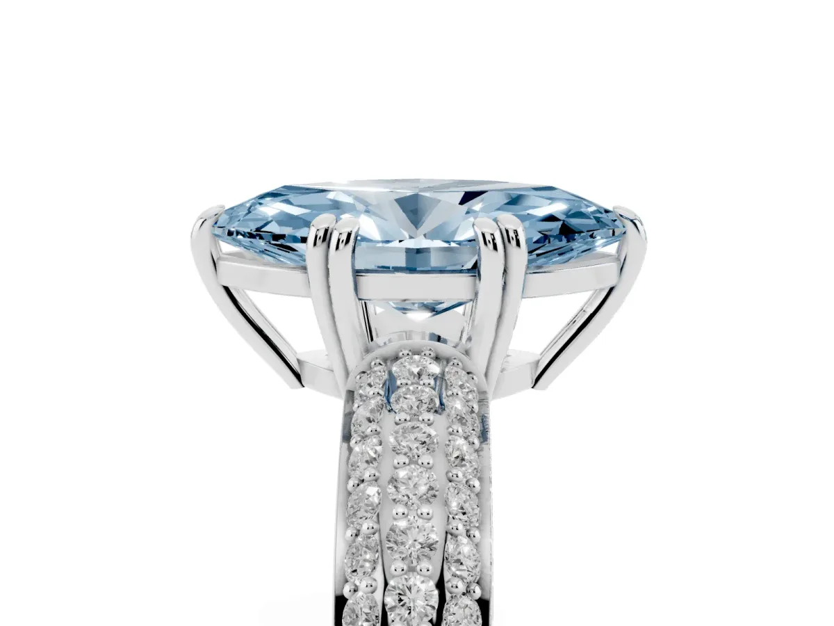 Fancy Blue Marquise Cut Diamond Solitaire Ring with Multi-Row Round Pavé Band and Prong Setting Silver