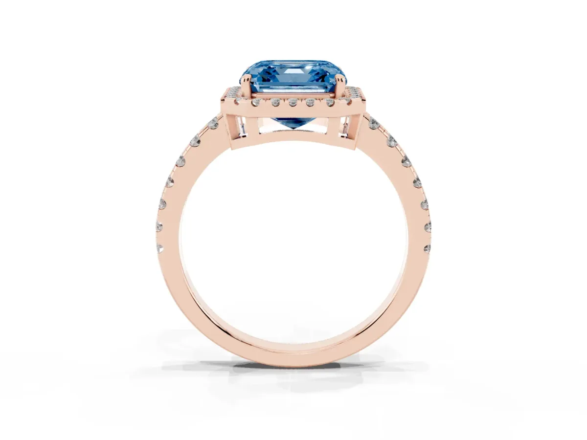 Fancy Blue Asscher Cut Diamond Halo Ring with Pavé Band and Four-Prong Setting Rose gold