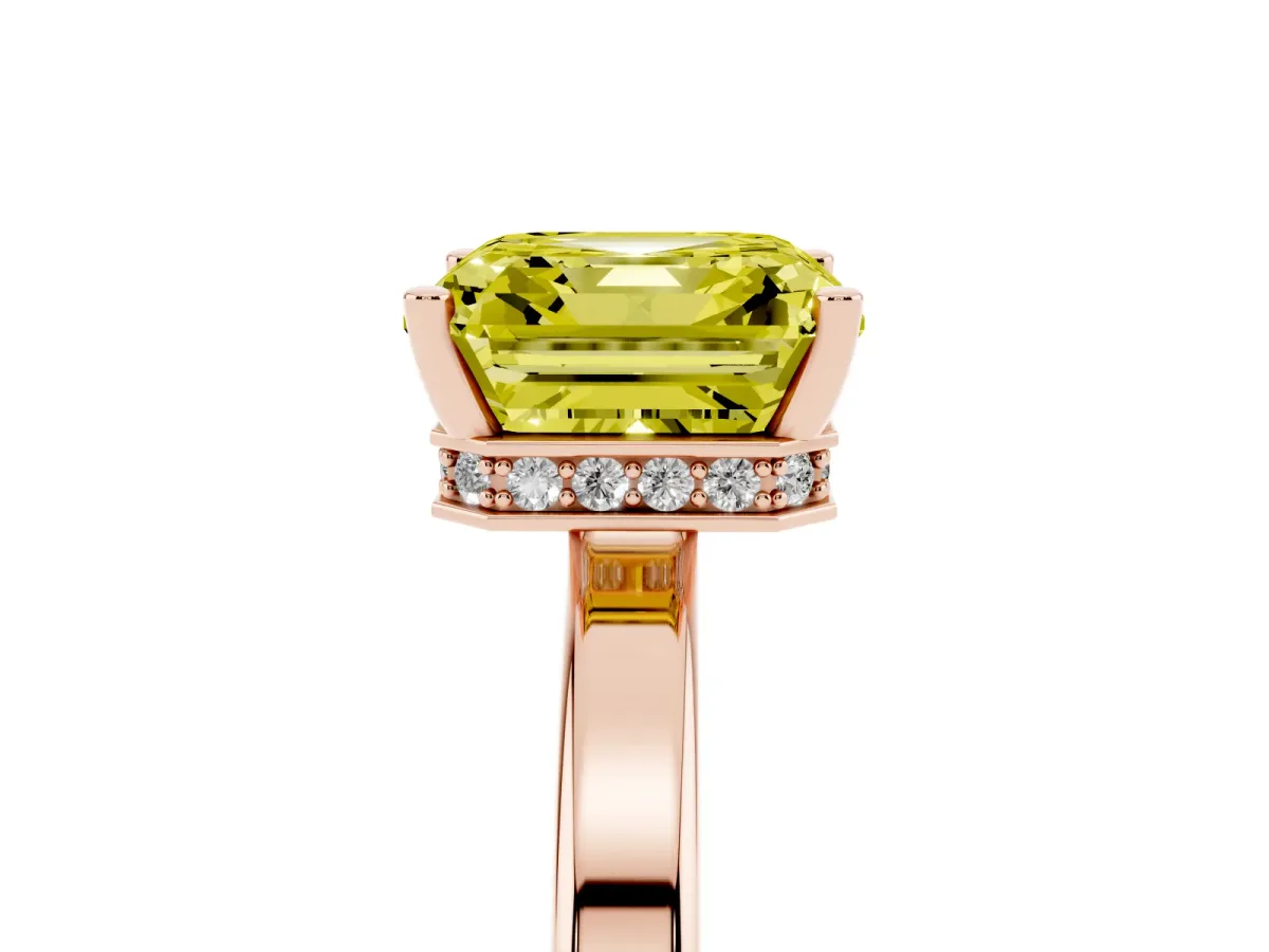 Fancy Yellow Asscher Cut Cut Solitaire Engagement Ring with Four-Prong Setting on a Classic Band Rose gold