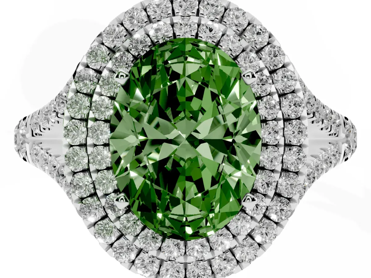Fancy Green Double Halo Oval Cut Diamond Split Shank Engagement Ring with Four-Prong Setting Platinum