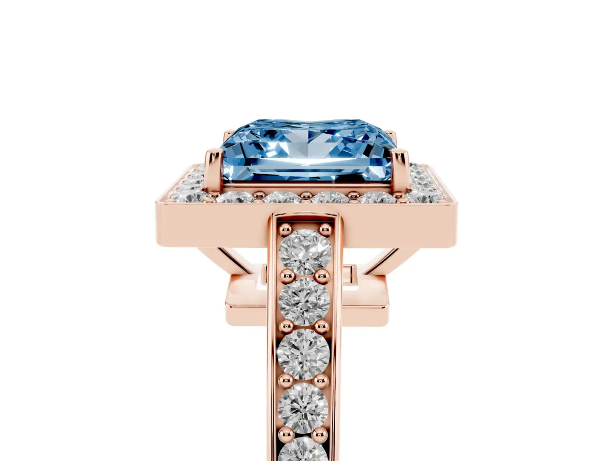 Fancy Blue Princess Cut Halo Pavé Diamond Engagement Ring with Bezel Setting Rose gold