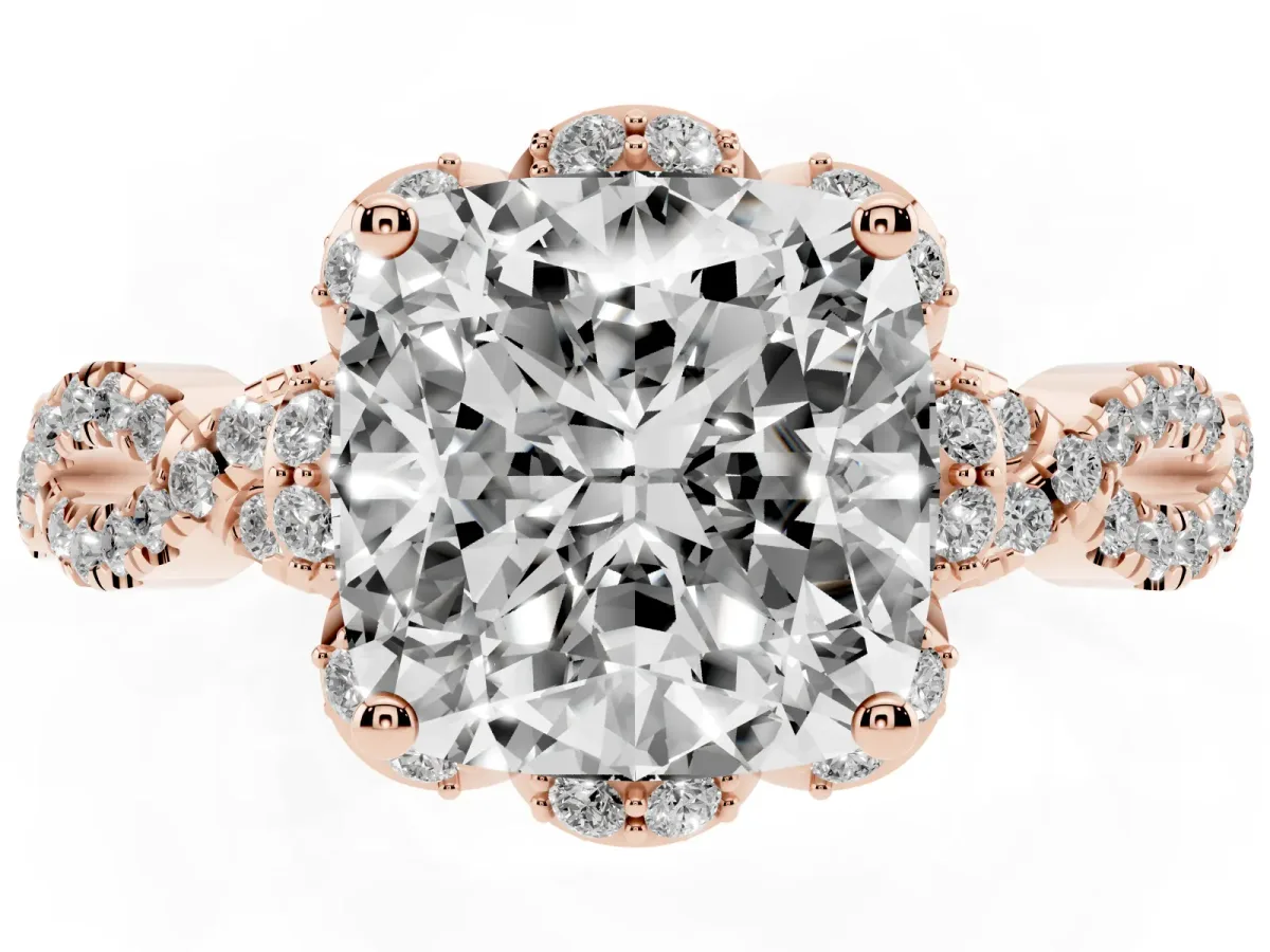 Cushion Cut Halo Twist Band Solitaire Ring with Six-Prong Setting Rose gold