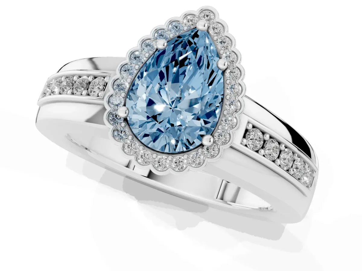 Fancy Blue Pear Cut Cut Halo Pave Band Four-Prong Ring Silver