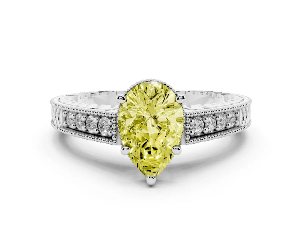 Fancy Yellow Pear Cut Solitaire Pavé Diamond Milgrain Engagement Ring with Four-Prong Setting Silver