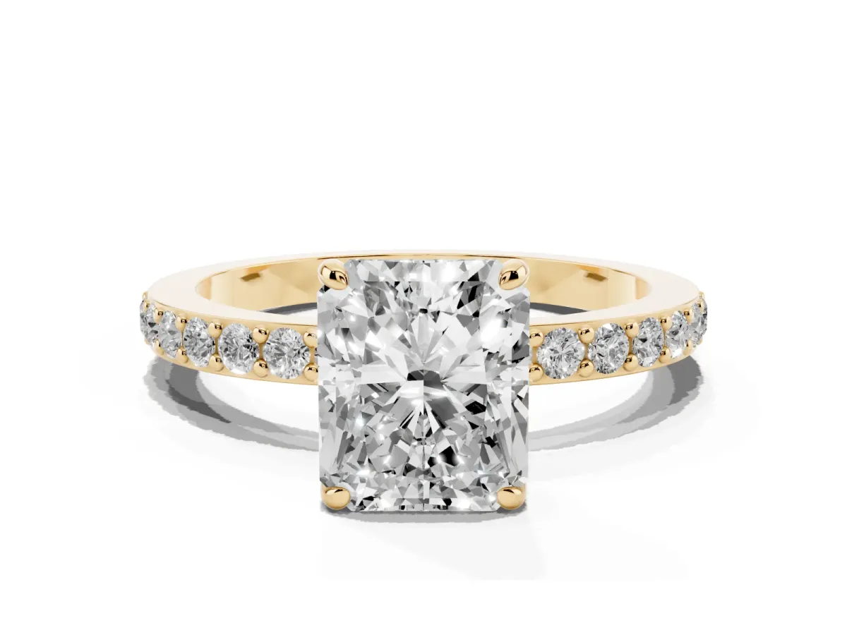 Radiant Cut Diamond Pavé Engagement Ring with Round Accents and Prong Setting Yellow gold